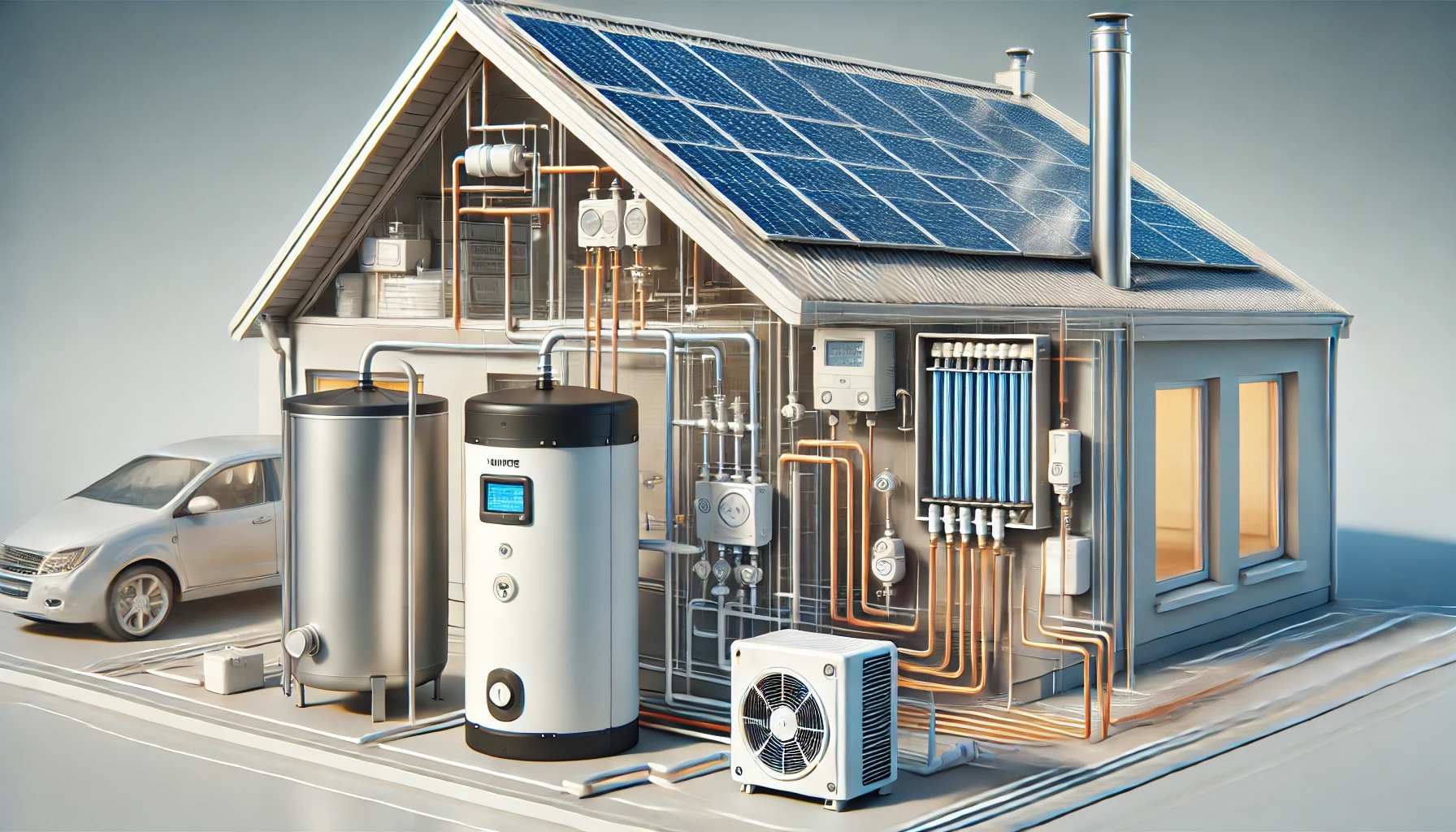 DALL·E 2024-11-19 10.18.53 - A detailed technical illustration of a home heating system. The image includes a heat pump connected to a domestic hot water (DHW) storage tank and a