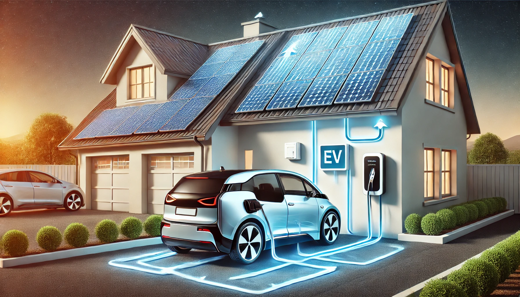 DALL·E 2024-11-19 11.02.20 - A detailed illustration of a sustainable home equipped with solar photovoltaic panels on its roof, connected to an electric car via a wall-mounted EV